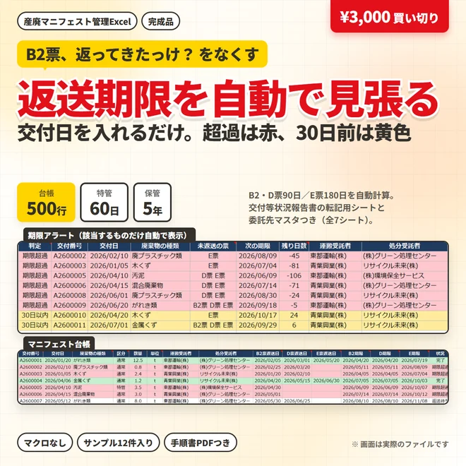 産廃マニフェスト管理Excelテンプレート(返送期限アラート)